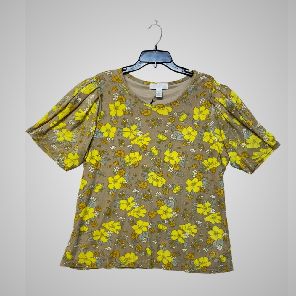 So It Is Womens Tan Yellow Floral Mesh Knit Puff Sleeve Top Sz 1X New With Tags
